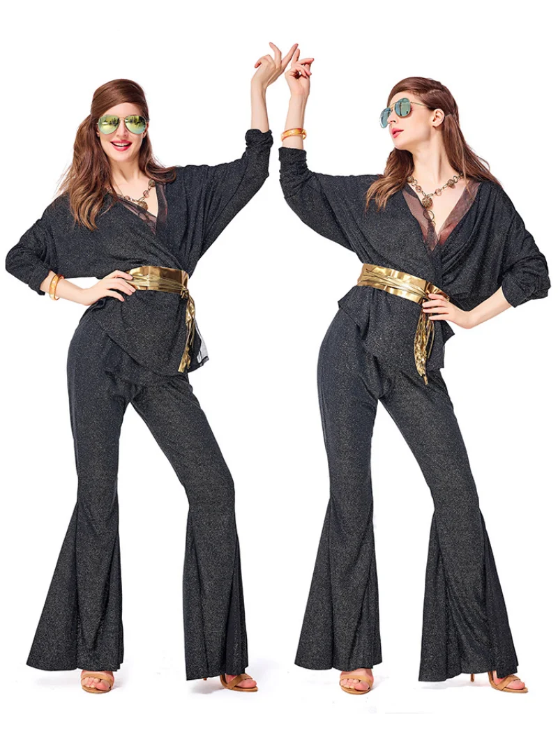 Halloween Retro 70s 80s Hippie Disco Dazzler Costume for Adult Women Wrap Top Bell Bottom Set Glitter Black Costumes