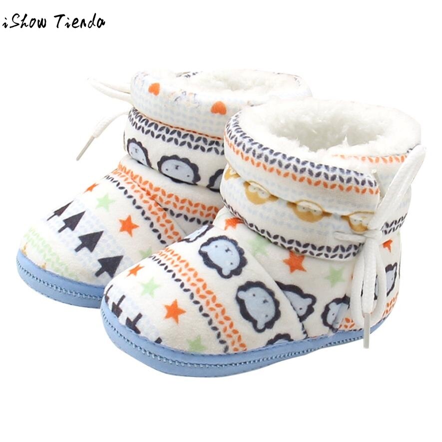 Baby Girl Shoes Geometric Printing Plus velvet Warm Bowknot Lacing Up Baby Boots Bebek Ayakkabi #1104: Blue