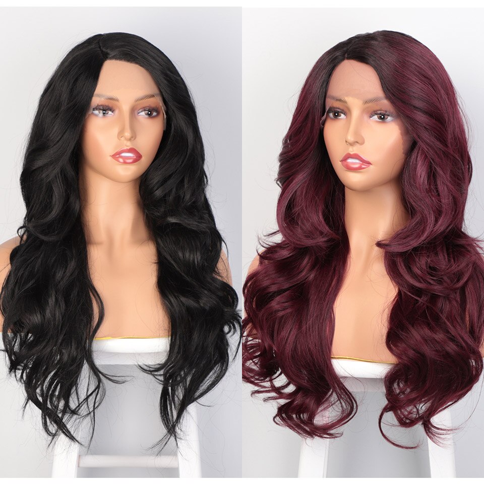 AISI królowe długie faliste koronkowe peruki dla kobiet wino czerwone czarne syntetyczne koronki przodu peruka częściowe naturalne codzienne włosy dla kobiet