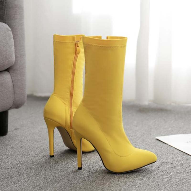 femmes Ankel bottes nouvelles femmes tissu élastique bottes couleur bonbon pointu bottes à talons hauts bleu ciel jaune chaussons chaussures
