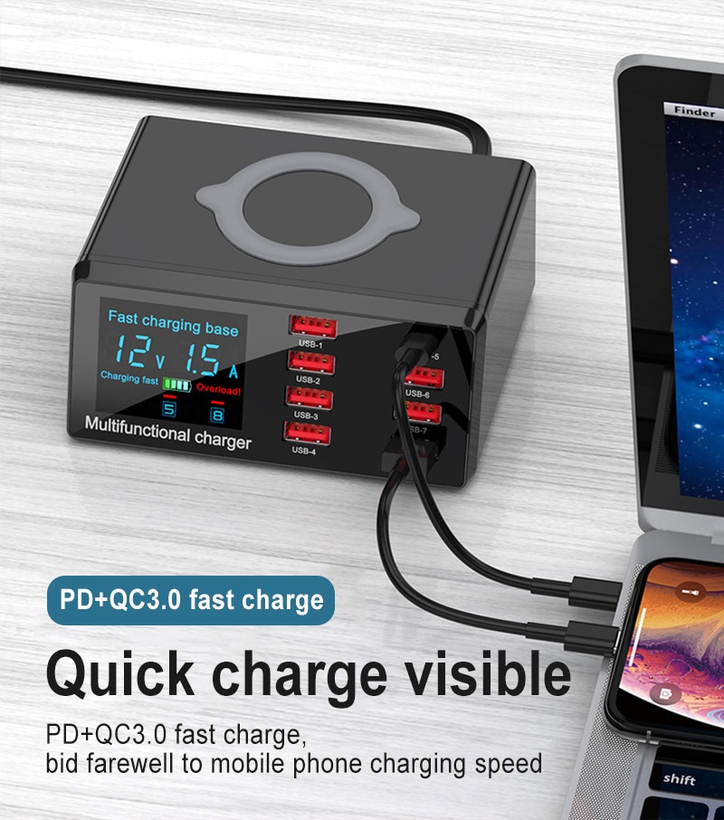 8 Poorten 100W Multifunctionele Usb Fast Charger Multi-Poort Usb Lcd Quick Lading QC3.0 Pd Charger snel Opladen Met Led Display