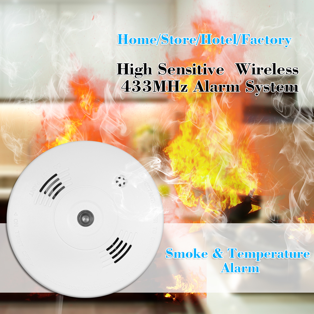 Wireless 433MHz Smoke Fire Detector Photoelectronic Temperature Sensor Inside Fire Alert Security Alarm