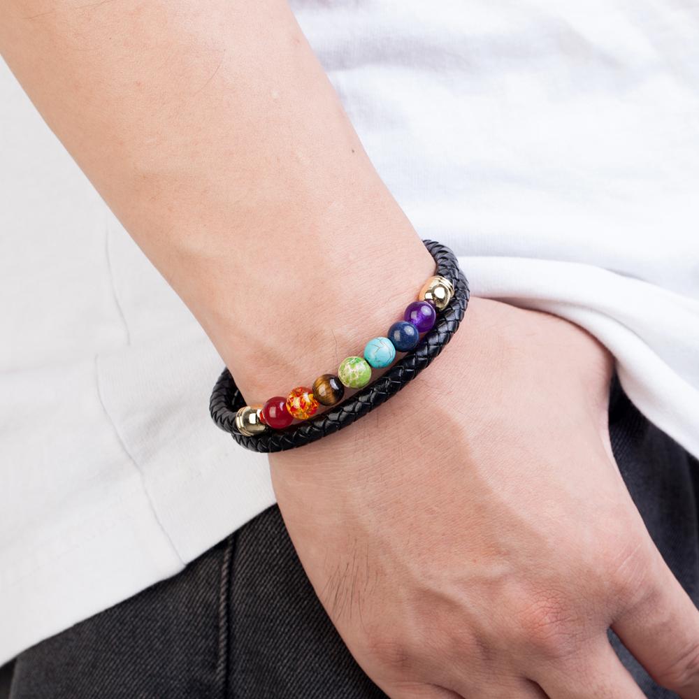 Di modo Naturale Perline di Pietra 7 Chakra Braccialetto Per Le Donne Degli Uomini In Acciaio Inox Braccialetti di Cuoio Genuino Dei Monili Regalo Di Natale