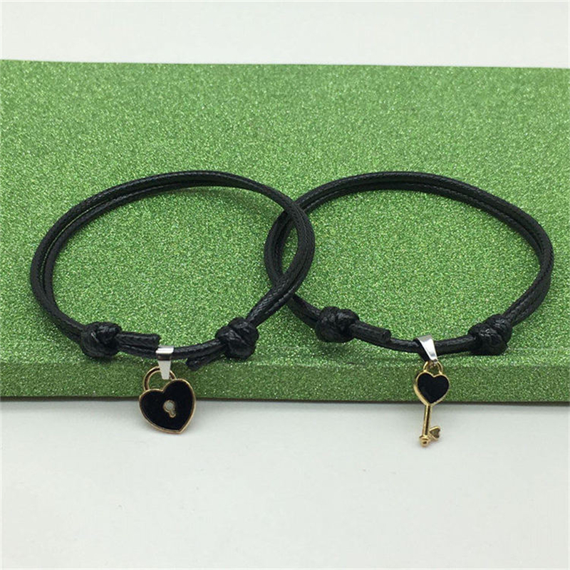 2 unids/set pulsera minimalista para parejas, llave esmaltada, pulsera con cierre de amor, pulsera de cuerda de cera ajustable, accesorio Unisex para hombres y: Pistola negra plateada