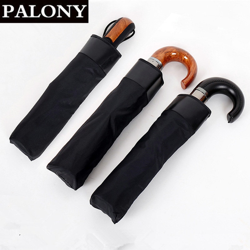 Automatic Umbrella Leather Imitation Wooden Handle Ten Bones Large Men's Business Pure Black Automatic Three Folding Umbrella