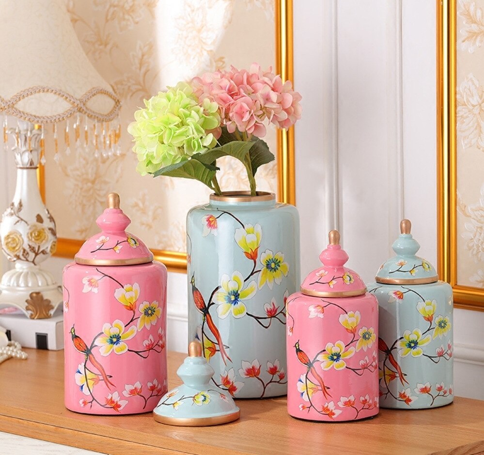 Jarrón de cerámica pintado de flores y pájaros, jarrones clásicos, tarro de caramelo antiguo, tarros de almacenamiento de porcelana multiusos, decoración Vintage para el hogar