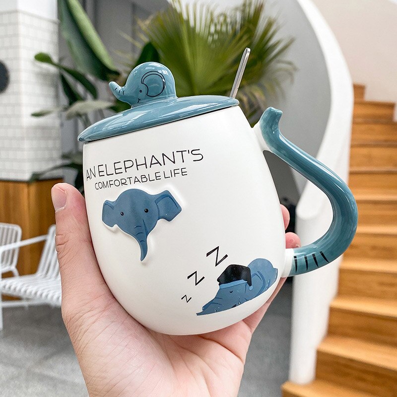 450ml Cartoon stereo elephant Coffee Mug With lid spoon Animal Mugs Drinkware Coffee Tea Cups Novelty milk cup: 02