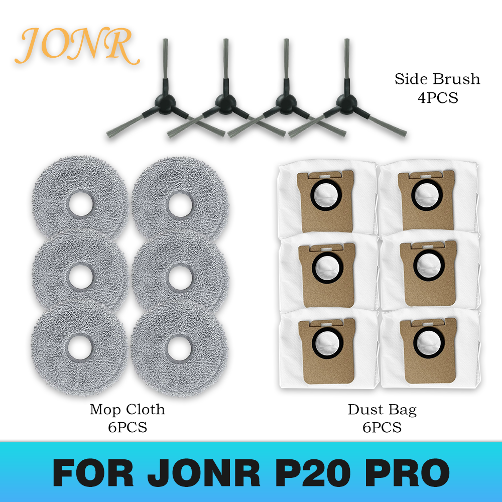 Tilbehør til jonr  p20 pro støvsugerrobot, sidebørste, moppeklud, støvpose, effektiv mikrofiber, reservedele til rengøring
