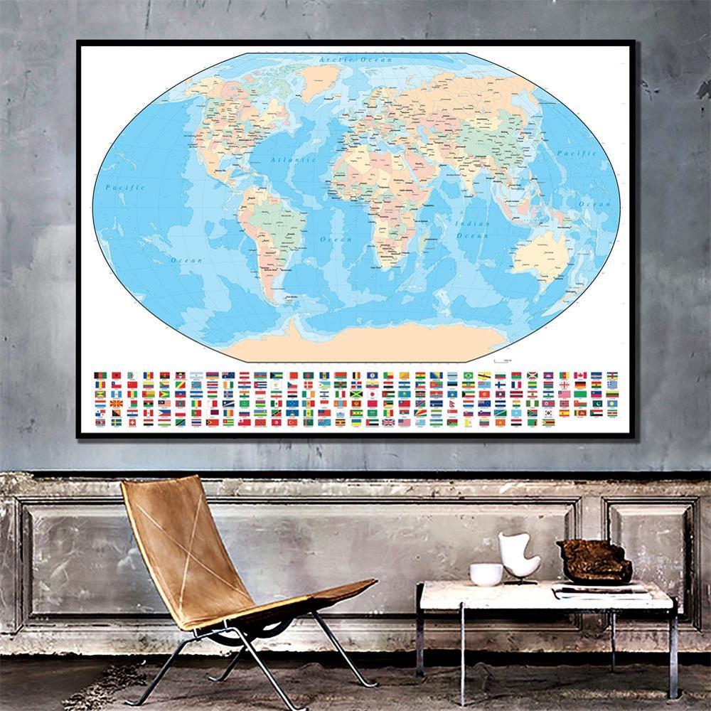 150X225 Cm Vinyl Spray Wereldkaart Mercator Projectie Met Nationale Vlag Voor Reizen En Onderwijs
