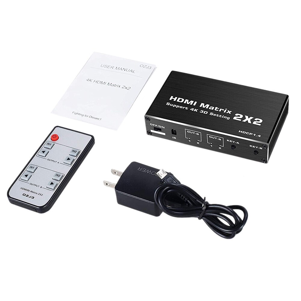 2X2 Matrix Switcher 4K 60Hz, Support HDCP 1.4 IR Remote Control HDMI Switch 2 in 2 Out HDMI Matrix Switch