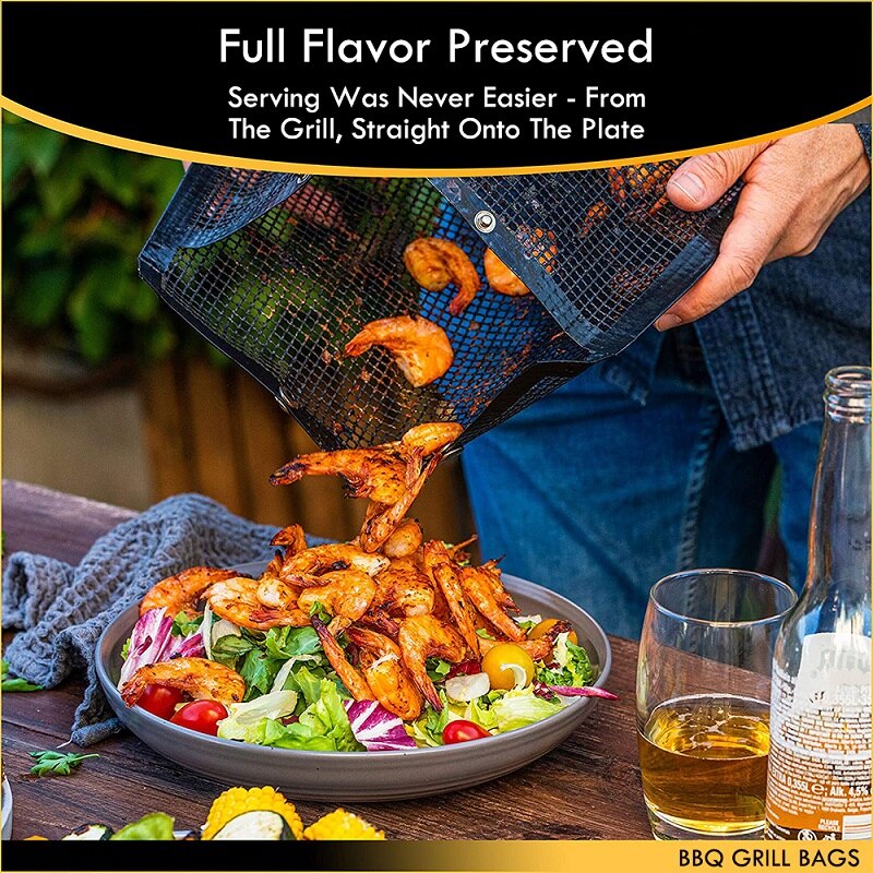 2Pcs Reusable BBQ Baked Bag Non Stick BBQ Mesh Grill Bags High Temperature Resistant Easy Clean Barbecue Grilling Accessories