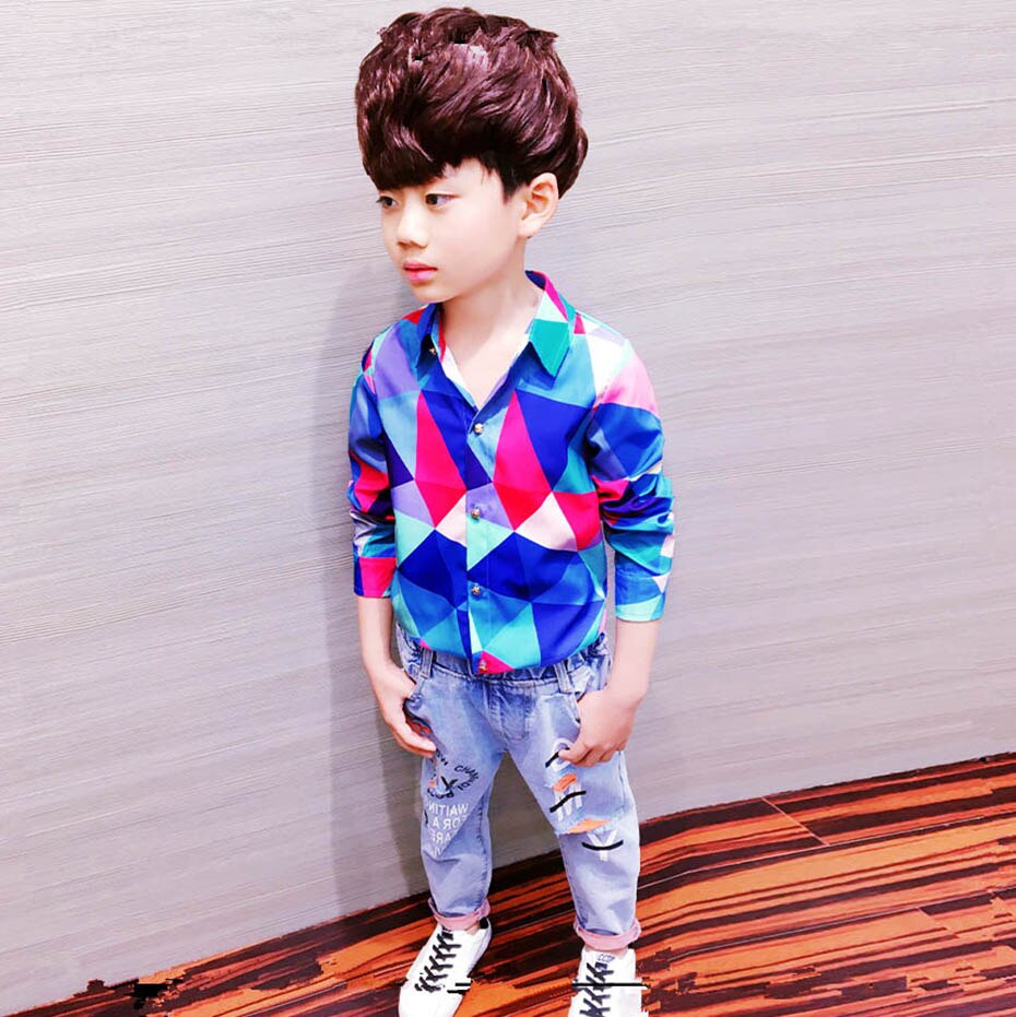Blouse Voor Jongens Geometrische Jongens Tops Casual Stijl Kinderen Blouse Voor Jongens Lente Herfst Jongens Kleding 6 8 10 12 14: 9
