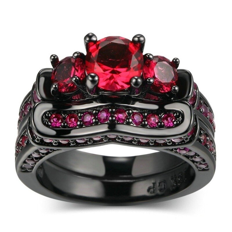 2 Stks/set Zwarte Goud Kleur Ringen Voor Vrouwen Aaa Zirconia Vier-Prong Prinses Ringen Cut Rood stone Wedding Ring Set