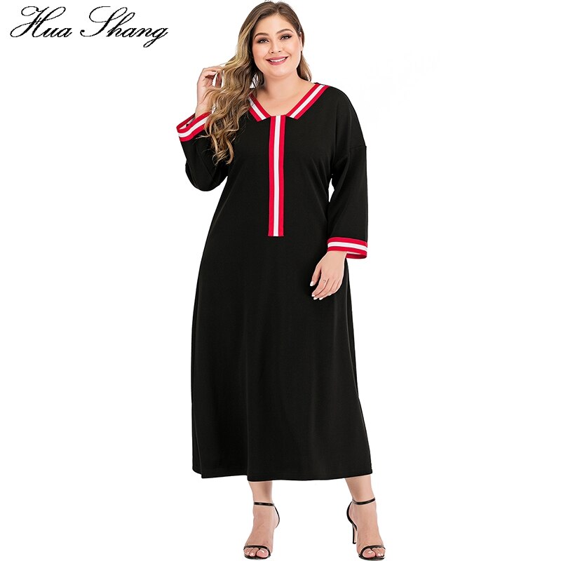 Plus size kvinder sommer afslappet kjole langærmet kvindelig patchwork v-hals solid sort maxi lange kjoler dame tunika kjole