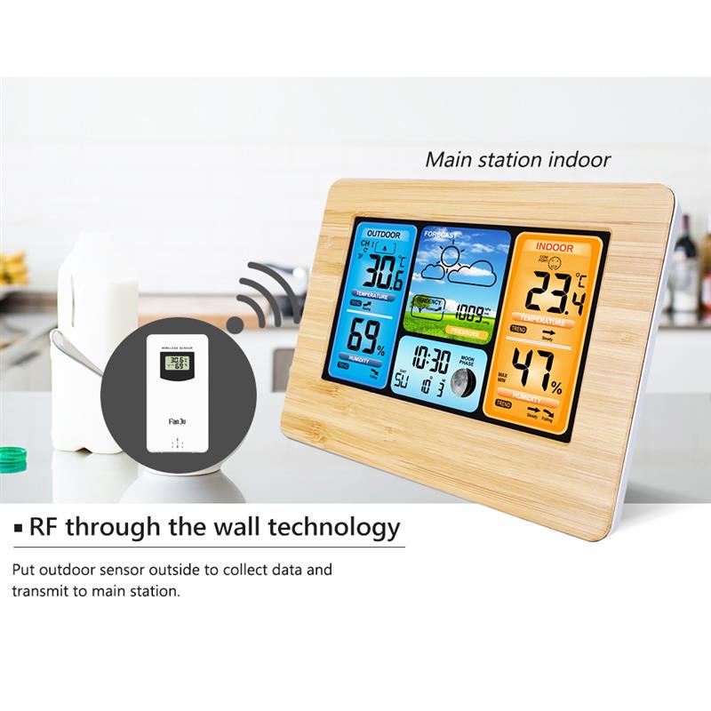 Vejrstation trådløs indendørs udendørs sensor termometer hygrometer digital alarm ur barometer prognose farve