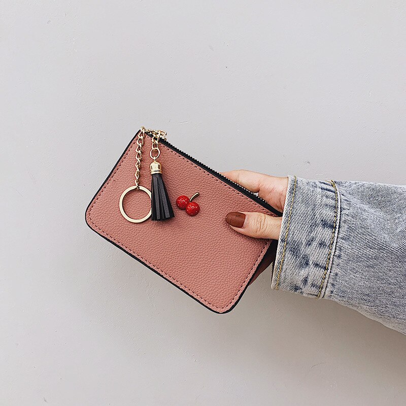 Enkel körsbär koreanskt pu-läder ultratunn klämma mjukt läderfransar dragkedja kort plånbok damkortväska noll plånbok