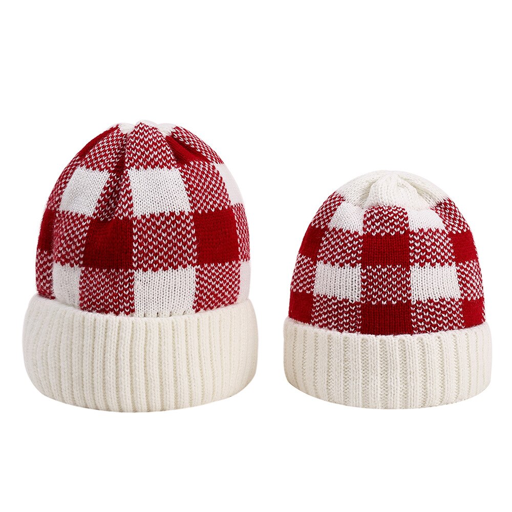 Strikket hat plaid rhombus uld cap strik cap familie matchende hat til voksne børn sød jul: 2