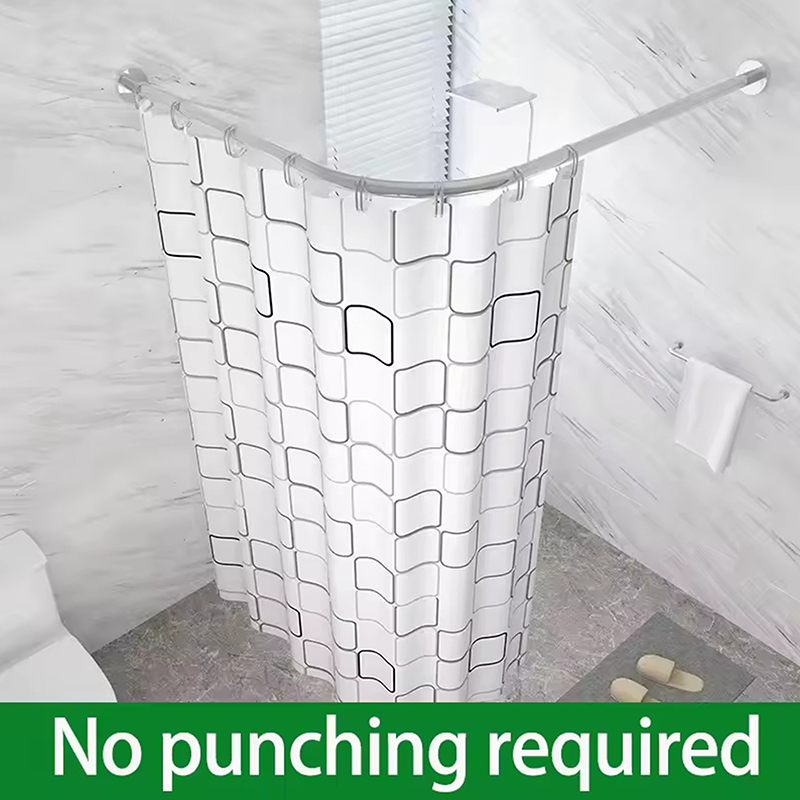 Extendable Curved Shower Curtain Rod Silver L Shaped Stainless Steel Shower Curtain Poles Punch-Free Bathroom Curtain Rail 3Size