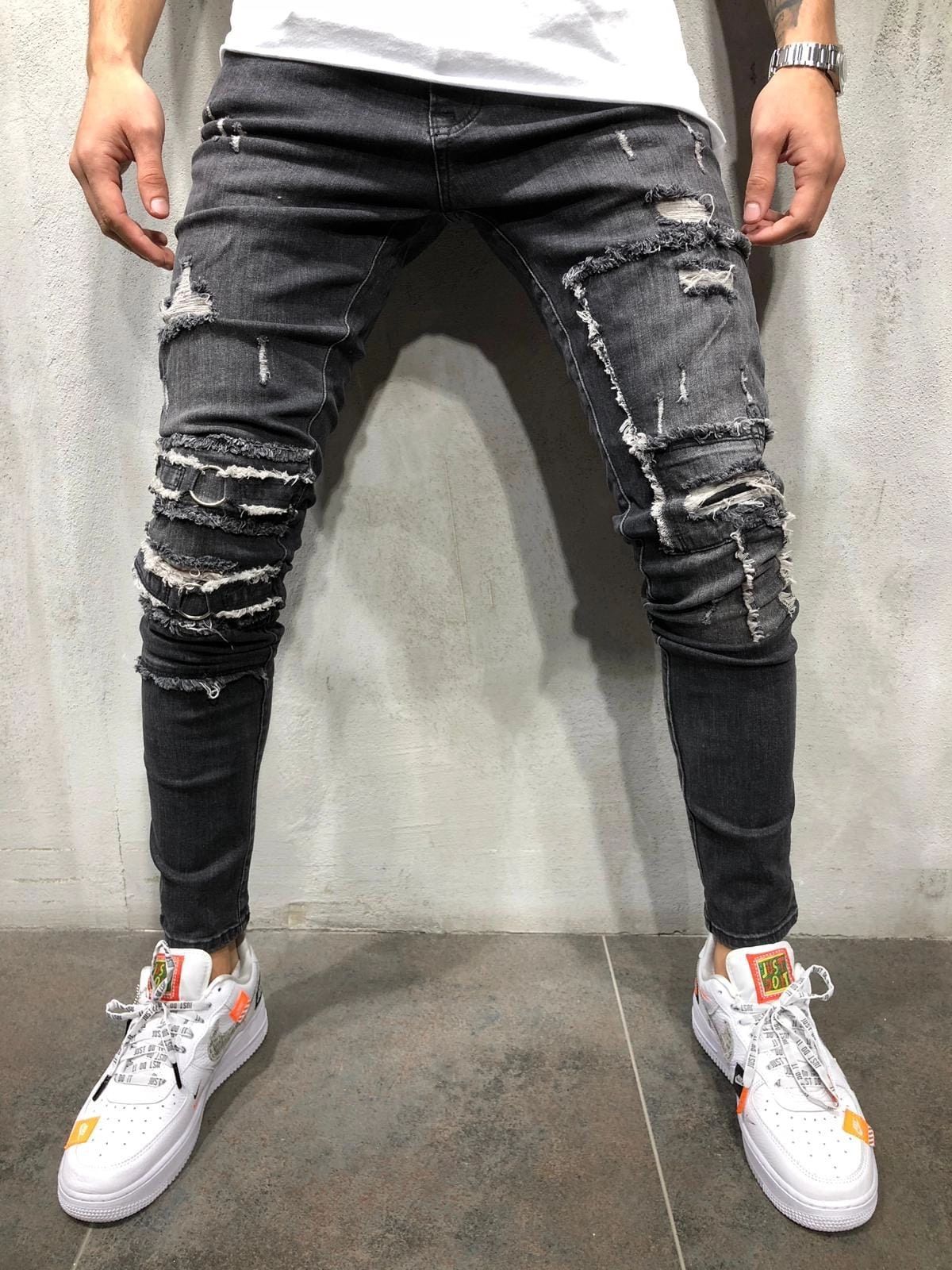 WEPBEL rue Hiphop hommes genou trou Stretch Denim pantalon déchiré mendiants Punk gothique maigre fond fermeture éclair Biker jean: S