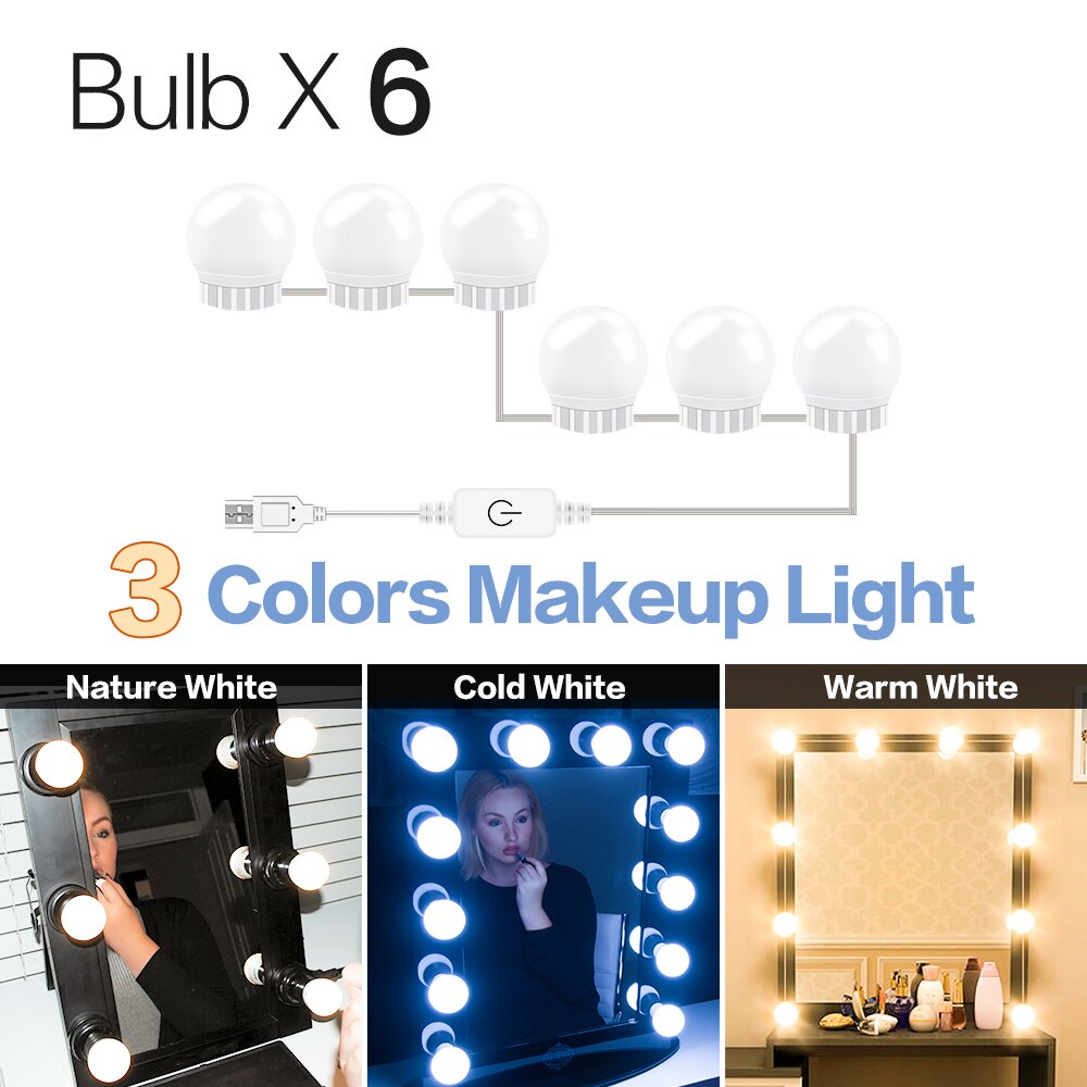 3 Modes Kleuren Make-Up Spiegel Licht Led Touch Dimmen Ijdelheid Kaptafel Lamp Usb Hollywood Make Up Spiegel wandlamp: 3 Colors 6 Bulbs