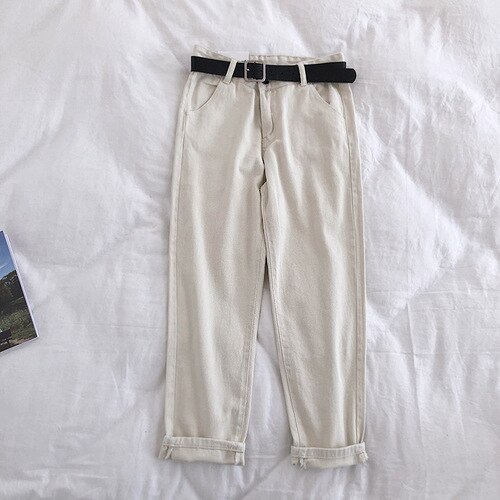 Woherb vintage dam boyfriend jeans för kvinnor mamma jeans med hög midja casual penna byxor koreanska streetwear bälte jeansbyxor: Krämvit / L