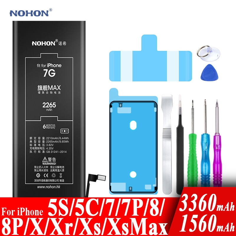 Nohon Battery For Apple iPhone 7 8 Plus 5s 5c X Xr Xs Max 7Plus 7P 8P iPhone7 1560-3360mAh Bateria +Tools For iPhone 5s 8 7 Plus