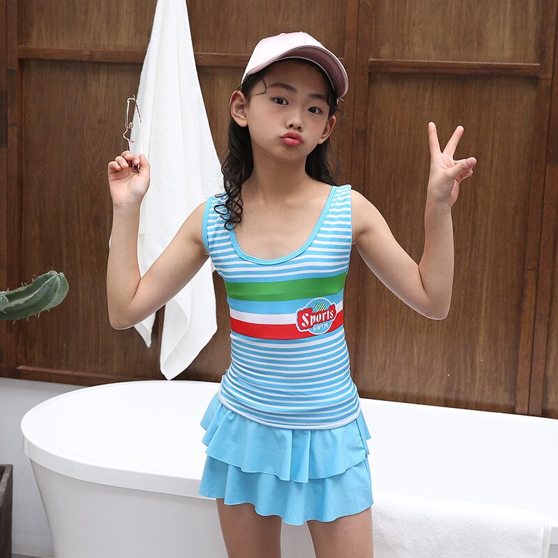 Maillot de bain sans manches pour enfants, jupe à rayures, vêtements de plage, printemps et été: BLEU CIEL / L(5-8 old years)