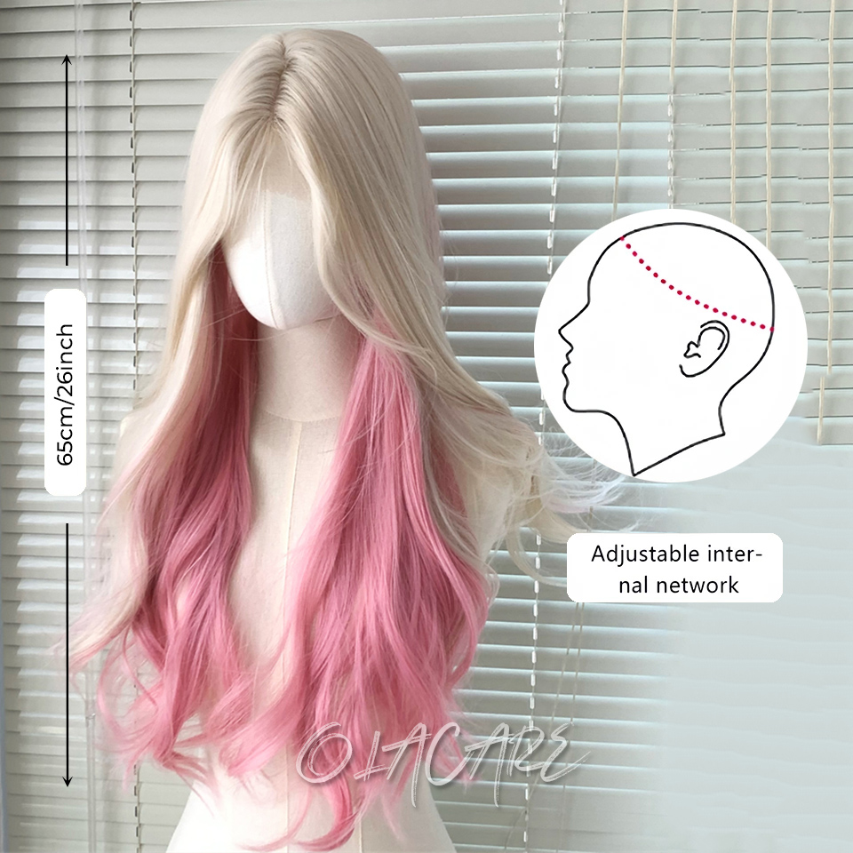 Olacare lockig lång vågig rosa blond syntetperuk med spets framtill och fluffig lugg lämplig för dagligt bruk
