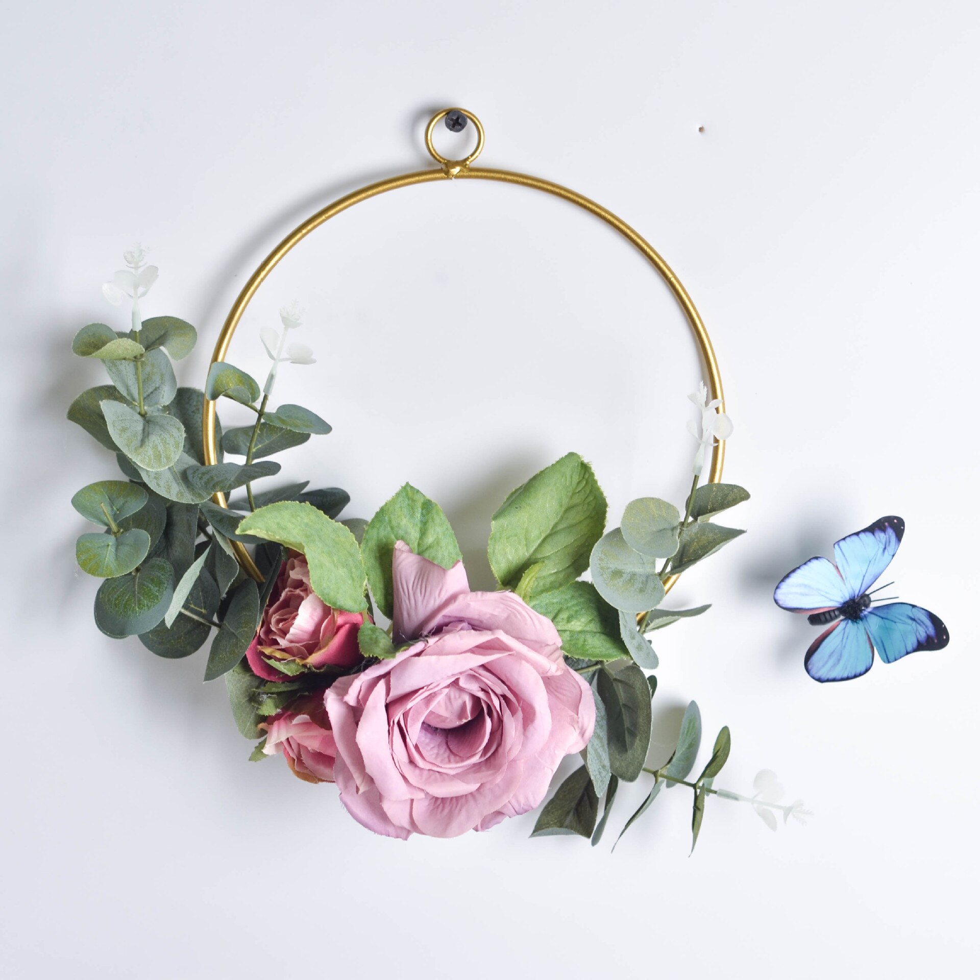 Cilected Geometric Metal Garland Home Hanging Artificial Rose Flower Ring Holder Wall Hoop Wreath Wall Hanging Decoration: A067R13