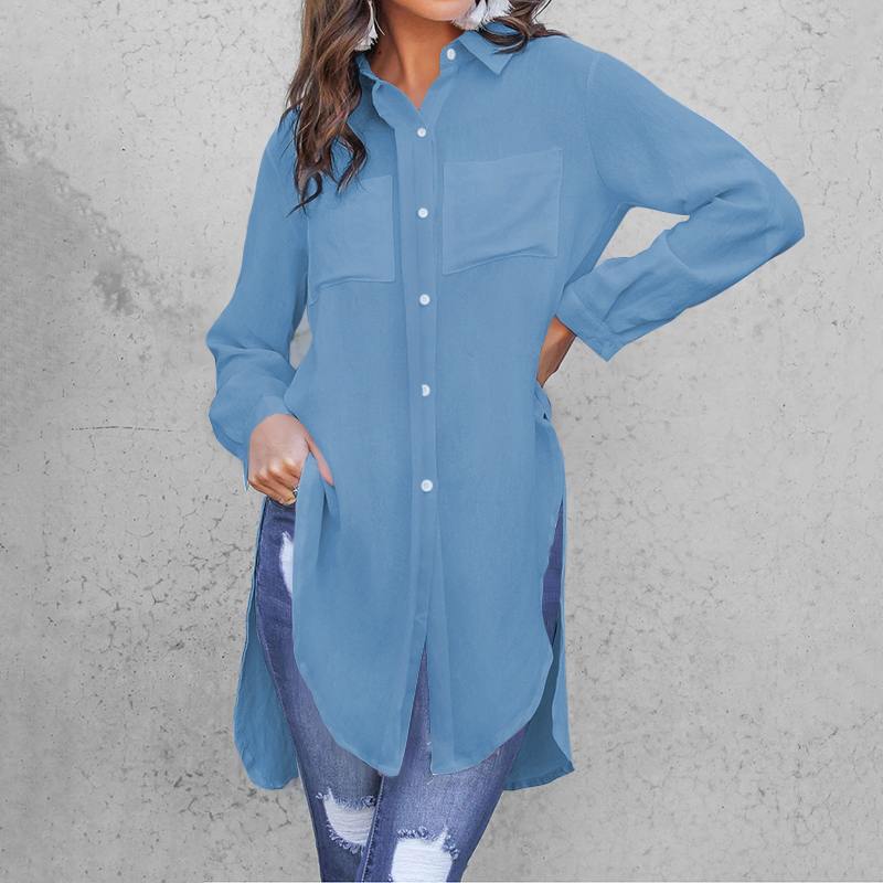 Revers Nacken Blusen Frauen Lange Hemden Celmia Frühling Sommer Unregelmäßigen Saum Teilt Tunika Spitzen Elegante Blusas Plus Größe: hell Blau / S