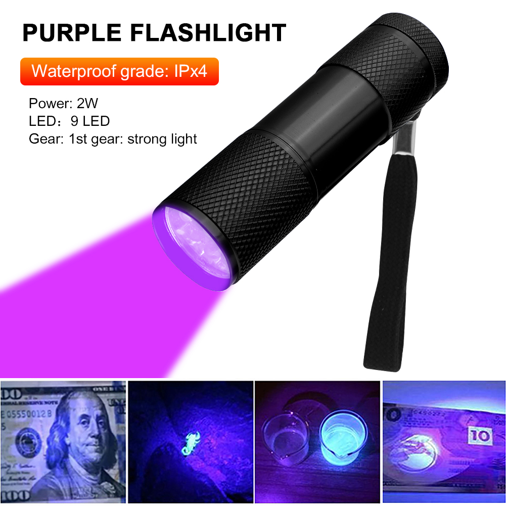 9LED UV Lamp Mini Portable Flashlight Purple Light 395nm Backlight Ultraviolet Torch powerful UV flashlight Torch Detector Lamp: 02 Black