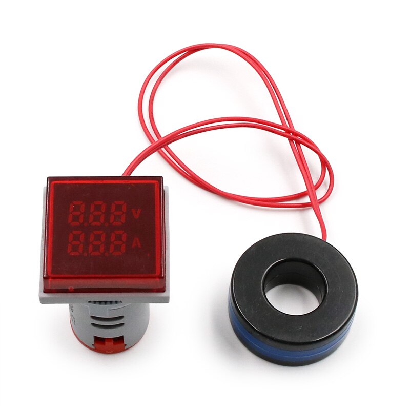 Mini digital voltmeter amperemeter 22mm kvadrat  ac 20-500v 0-100a amp volt spændingstester meter dobbelt led indikator pilot lampe lys: Rød
