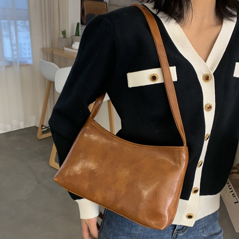 Baguette Vintage para mujer, bolso de hombro de cuero de PU de Color sólido Simple, de bolsos para la axila, monedero de compras para niña