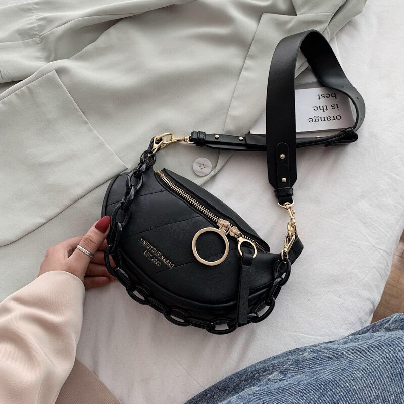 in Messenger Bag Women Hobos Letter Chains Single Shoulder Chest Pu Leather Handbag Wide Straps Day Clutches: Black