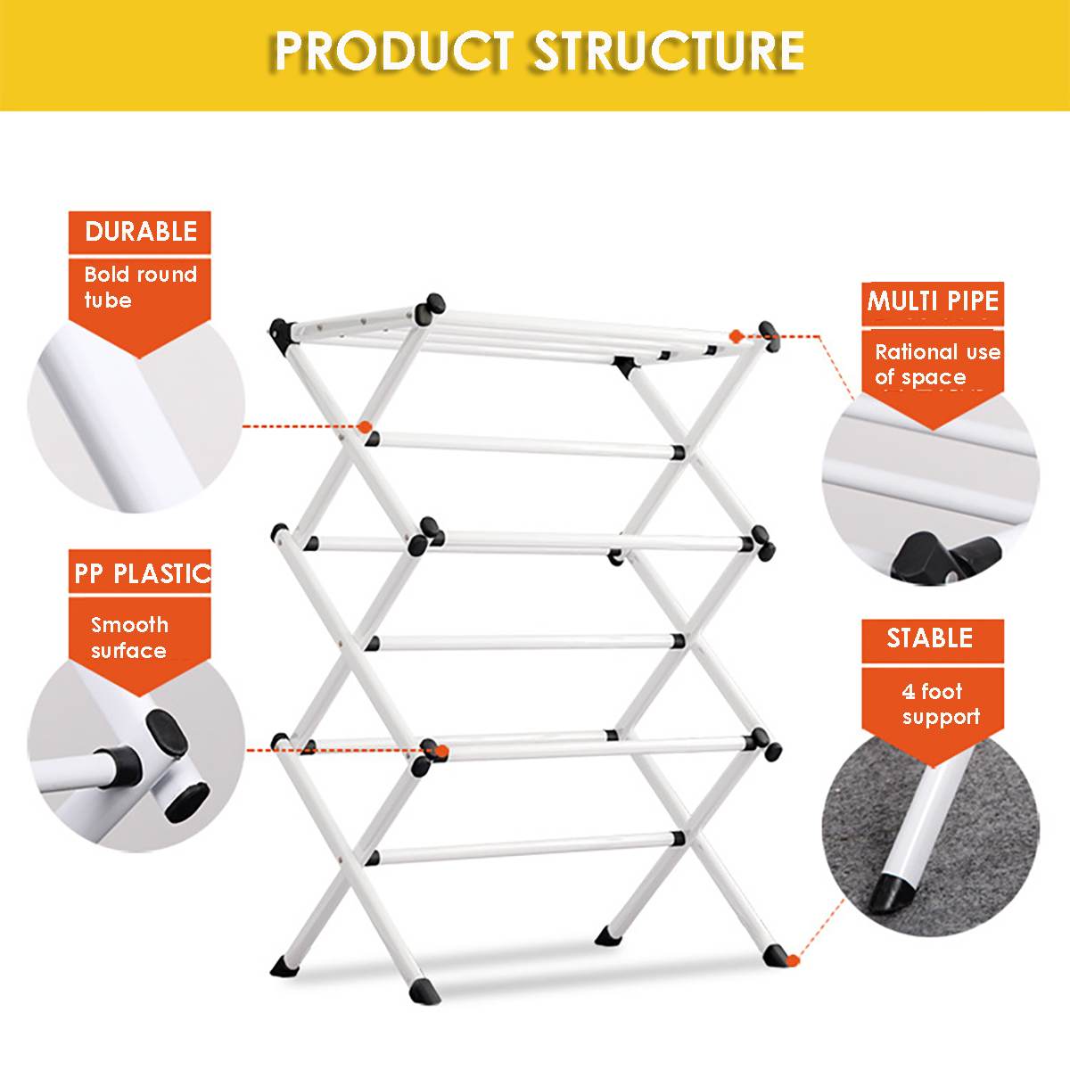 Iron Folding Clothes Drying Rack Indoor Outdoor Laundry Airer Room Storage Stand Foldable Clothes Drying Laundry Rack - White