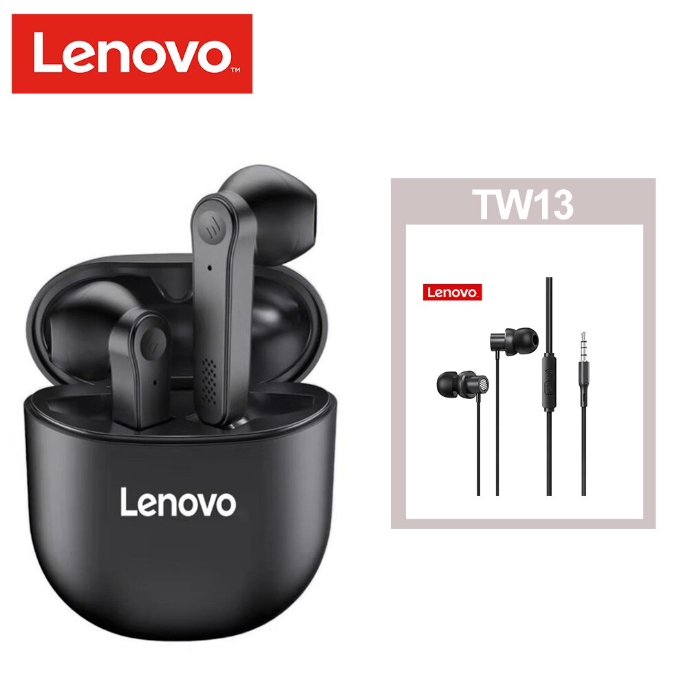 Lenovo-auriculares inalámbricos PD1 TWS BT 5,0, cascos genuinos con Control táctil, semirauditivos, binaurales tipo C con micrófono: black with TW13