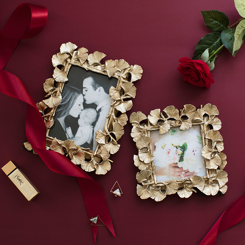 Marco original de resina de hoja dorada de Ginkgo, marco de fotos Vintage, para el hogar Decoración Retro, boda, artesanía, marco de fotos, , 4/6 pulgadas