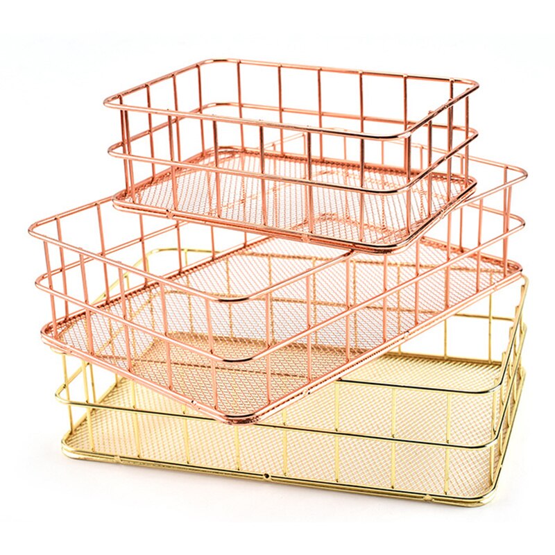 Rose Gold Bathroom Shelf Metal Wire Storage Basket Cosmetic Organizer Holder Home Office Desk Toiletry Collection Nordic Style