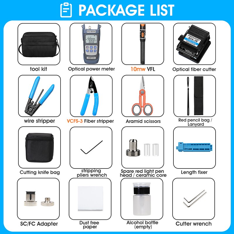 FTTH Fiber Optic Tool Kit with Fiber Optica Power Meter and 10mW Visual Fault Locator AUA-7S FTTH Tool