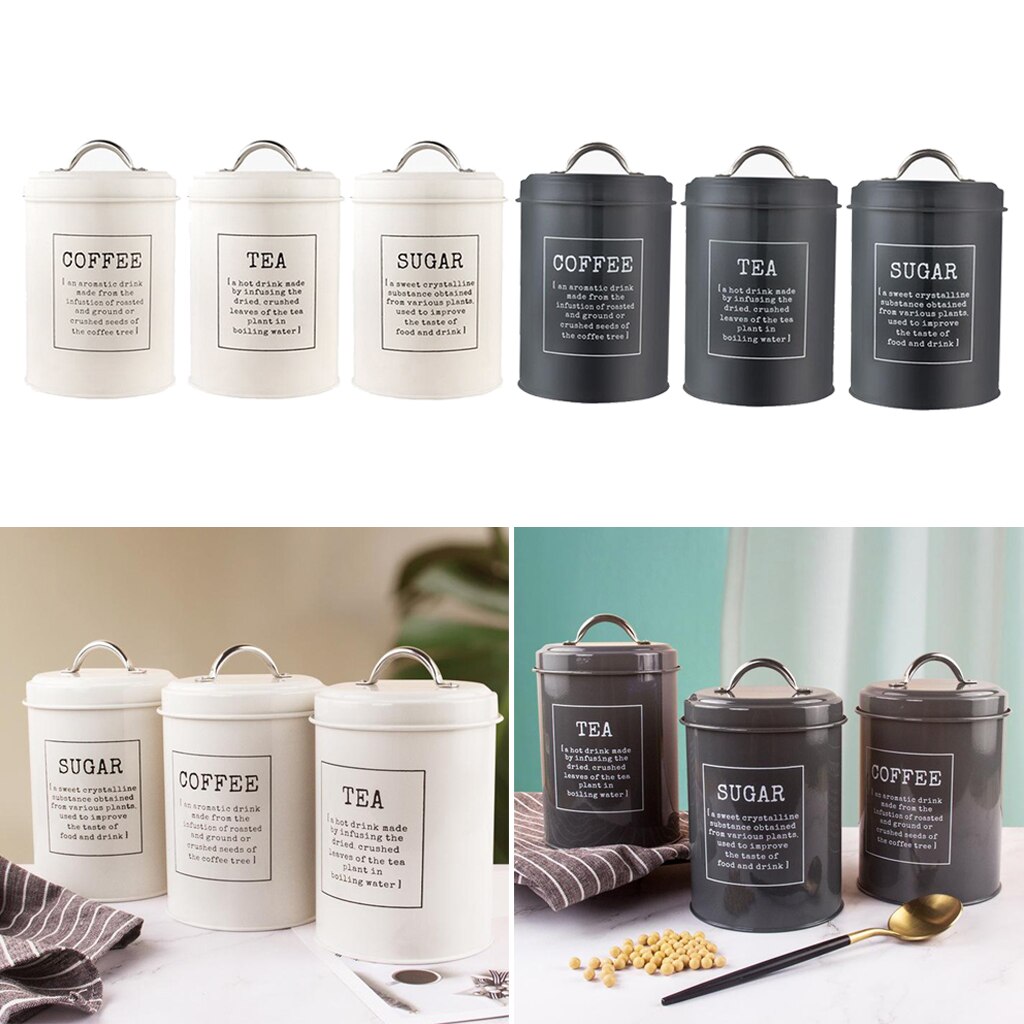 3x jern krydderi krukkebeholder med låg - kaffe te sukker holder, perfekt til dit hjem, køkken, bord