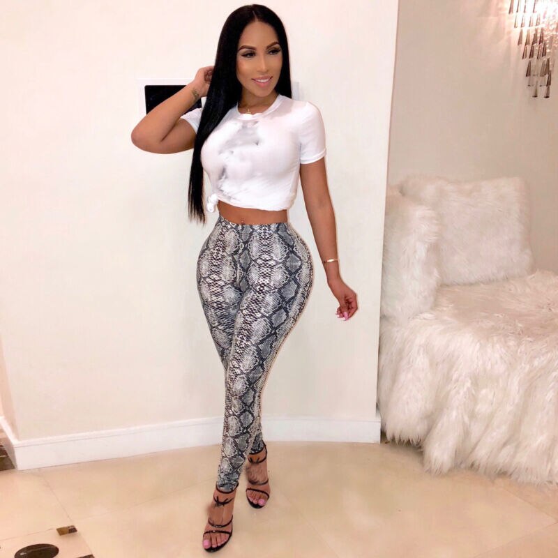 Womens Stretch Snakeskin Leggings Broek Grijs Geel Slangenprint Legging