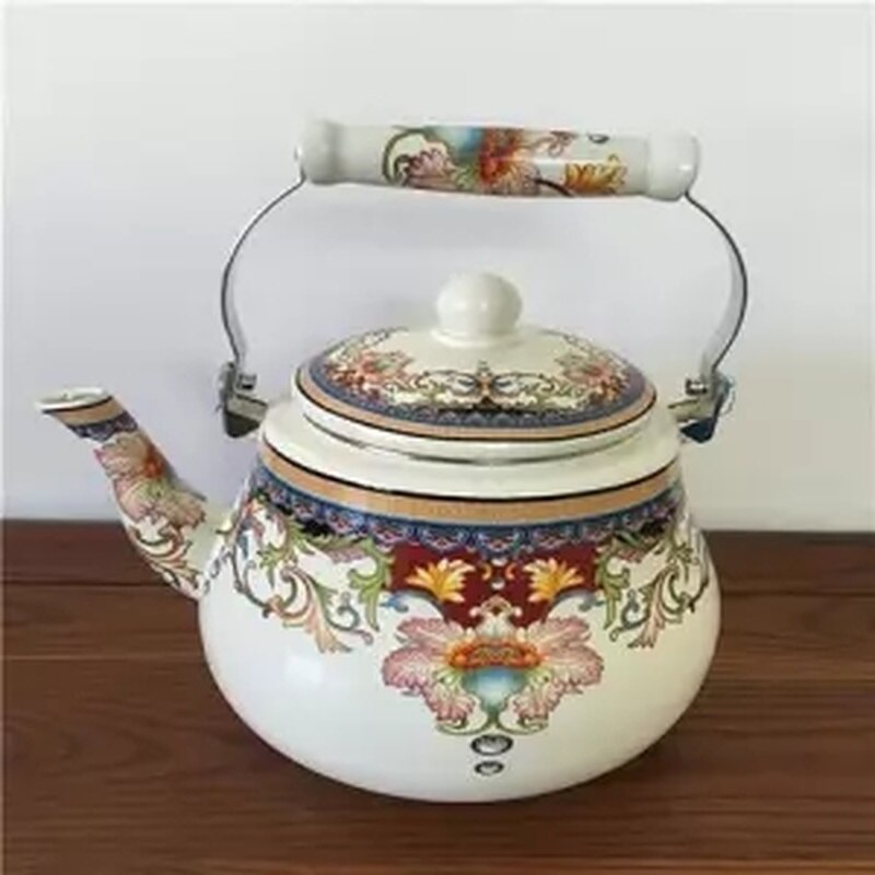Enamel Pot Large Capacity Thickening 5L Enamel Kettle Milk Teapot Flat Bottom Pot Full Flower Induction Cooker Universal Teapot