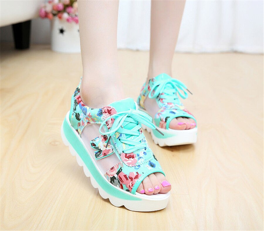 Zomer casual veter sport damesschoenen dames print sandalen visgraat mesh dikke bodem schommelschoenen: Groente / 36