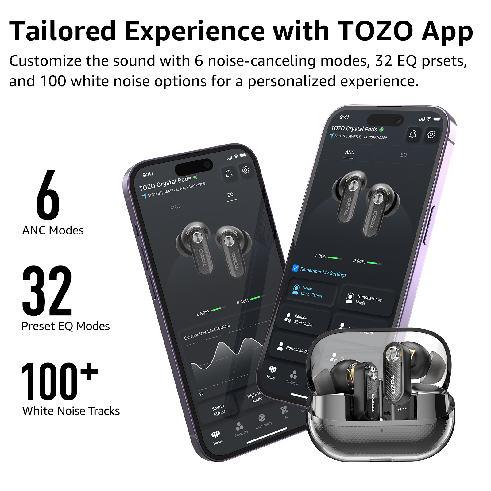 Tozo crystal pods trådlösa öronsnäckor med in-ear-funktion, bluetooth 5.4, dubbla mikrofoner, ai, tydliga samtal, transparent laddningsfodral