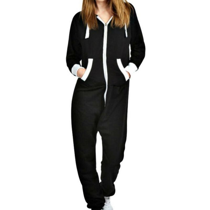 Mono con capucha de manga larga para mujer, peto de una pieza, pijama informal, ropa de casa para mujer: Black / S
