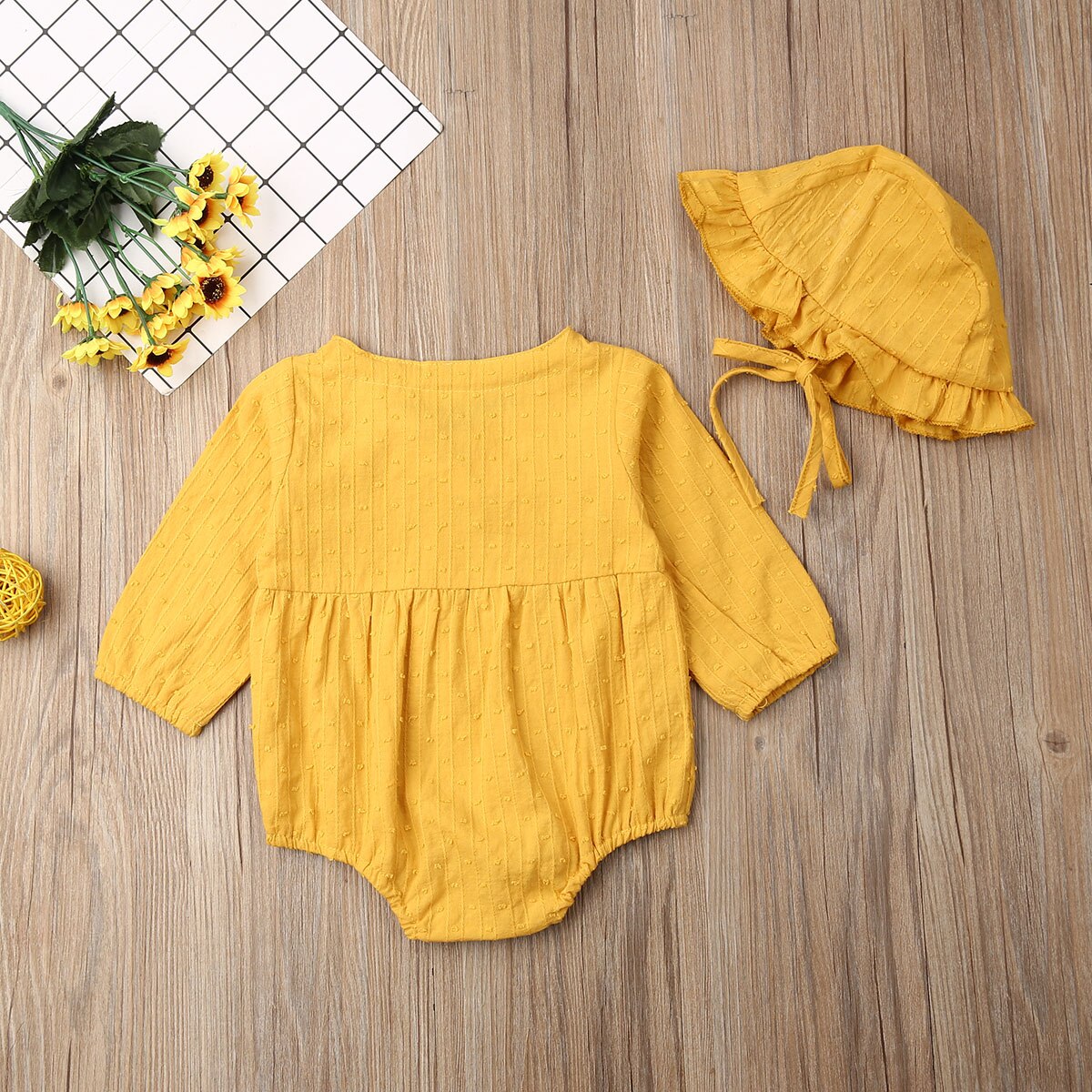 0-24M Pasgeboren Baby Jongen Meisje Met Lange Mouwen Effen Kleur Katoen Bodysuit Jumpsuit Hoed 2 STUKS Outfits Baby kleding