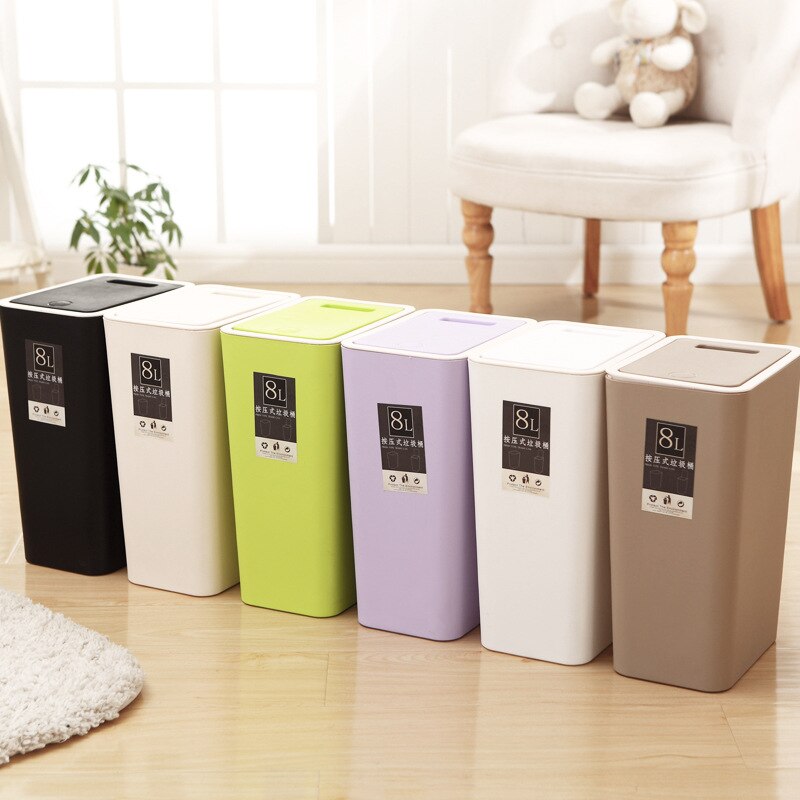 8L de basura de plástico estrecha tipo de prensa cocina, aseo residuos Bin habitación cuarto de baño cesto con tapa cubo basura doméstico