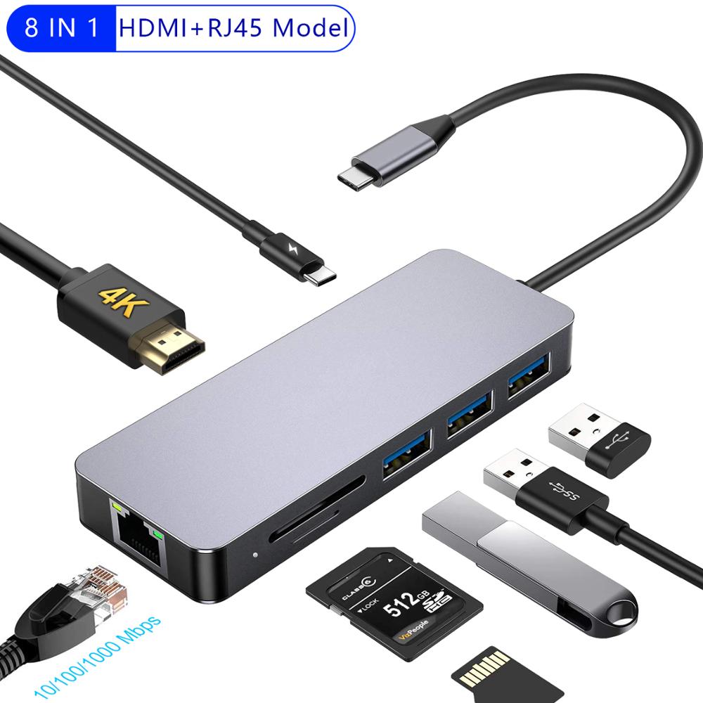 8 em 1 usb c doca hdmi rj45 adaptador multi-porto tipo c hub divisor hub usb macbook acessórios usb c tipo c 3.1: 8 IN 1 Grey hub