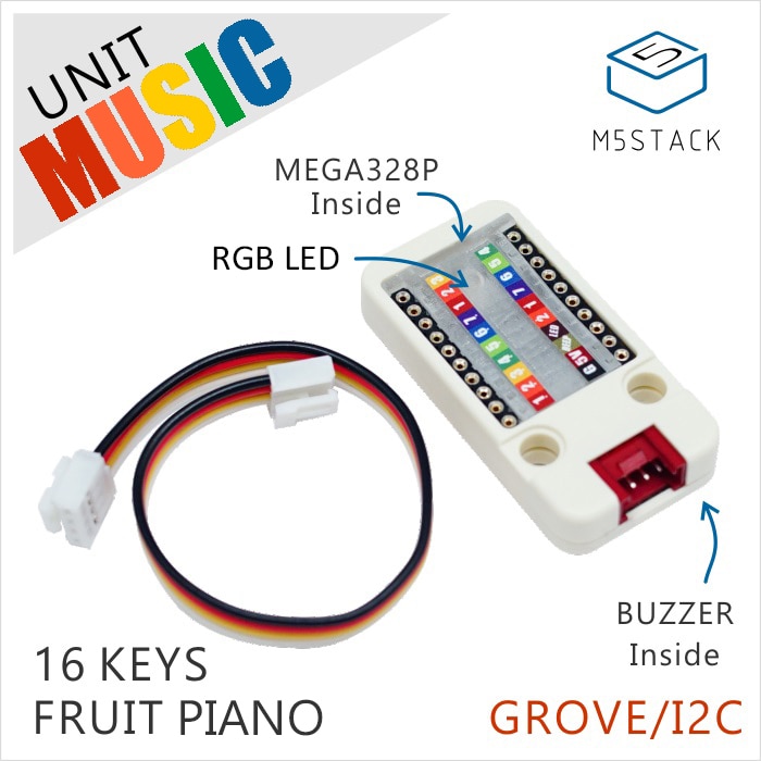 M5Stack Officiële Muziek Unit MEGA328P Binnen 16Key Fruit Paino met RGB LED en ZOEMER voor ESP32 Development Kit Grove/ i2C Poort