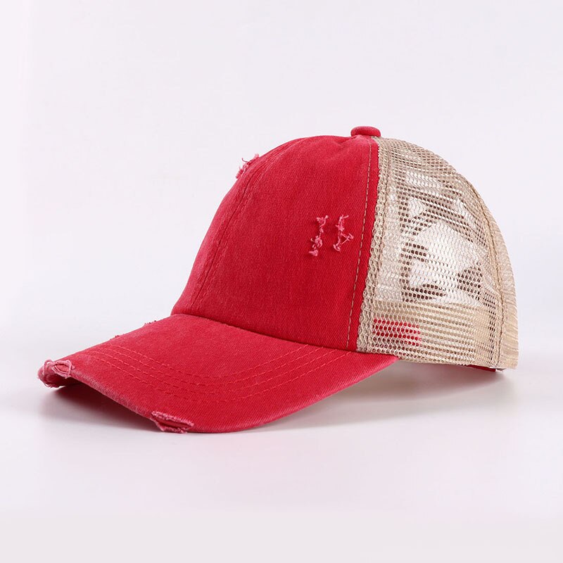 verano entrecruzado Cola de Caballo gorra de béisbol mujeres lavado algodón desordenado moño Pony Tail Hat Snapback malla camionero papá sombreros: Rojo